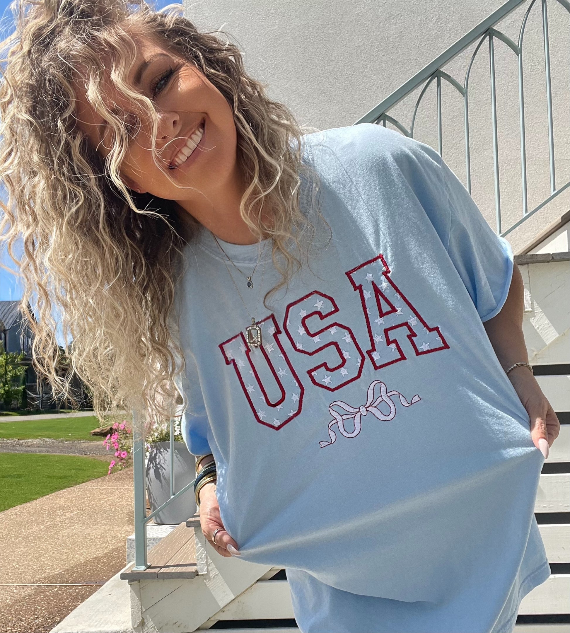 USA Embroidery Bow Baby Blue