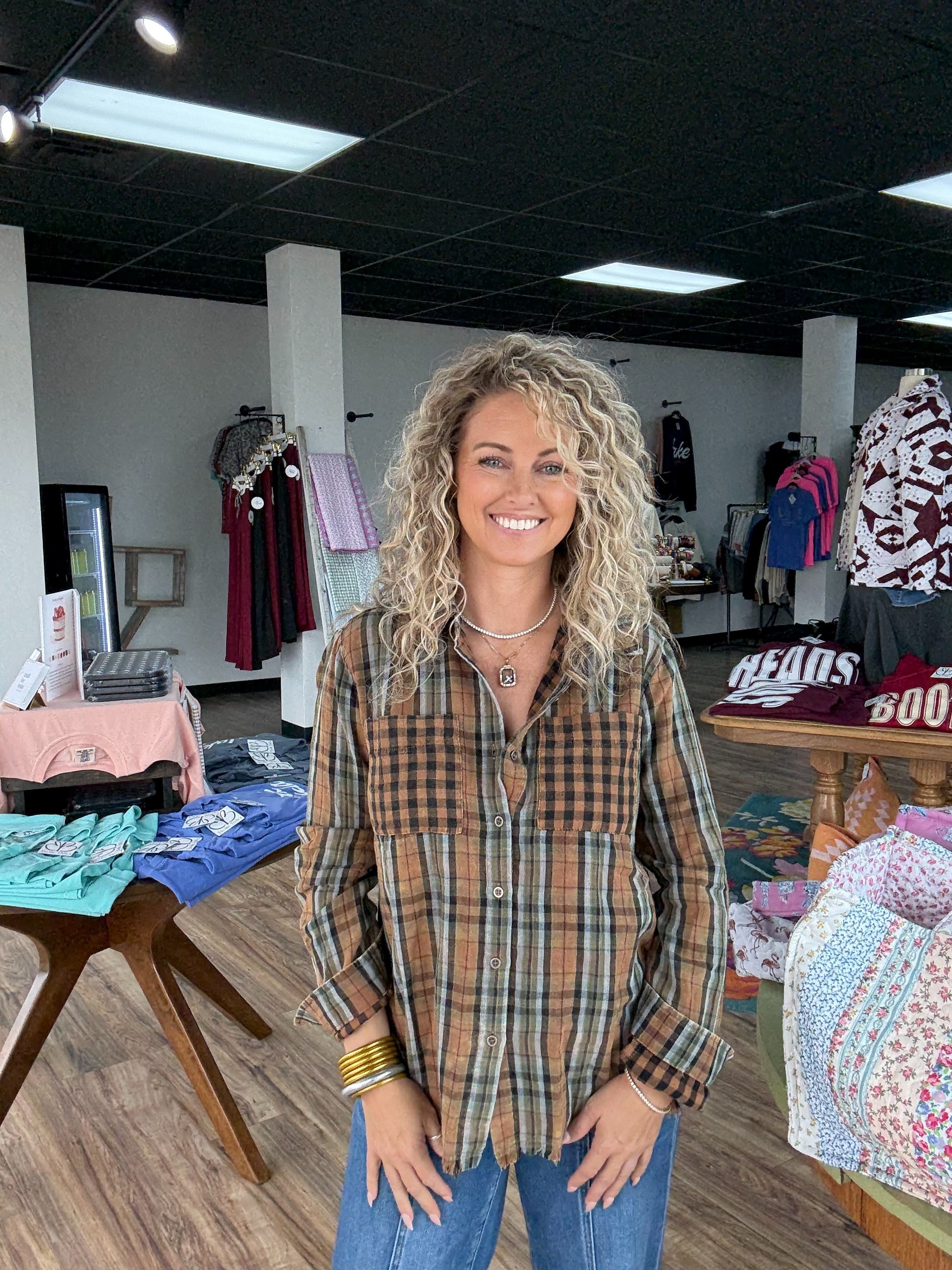 Contrast Plaid Button-Up