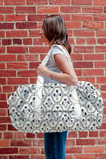 Charlotte White / Navy Quilted Weekender Duffle Bag