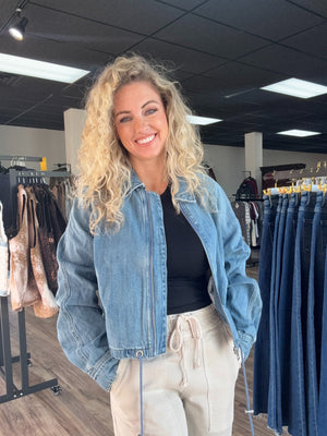 Raglan Sleeve Denim Bomber Jacket
