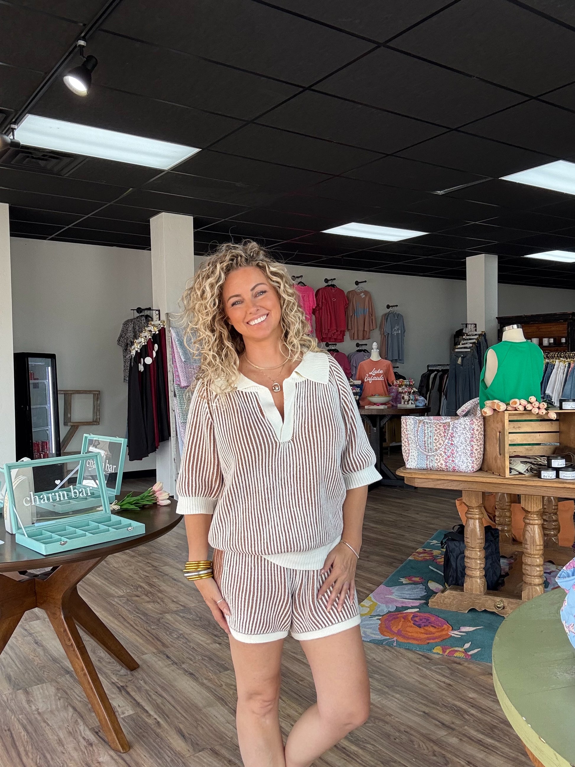 Khaki Striped Sweater Set