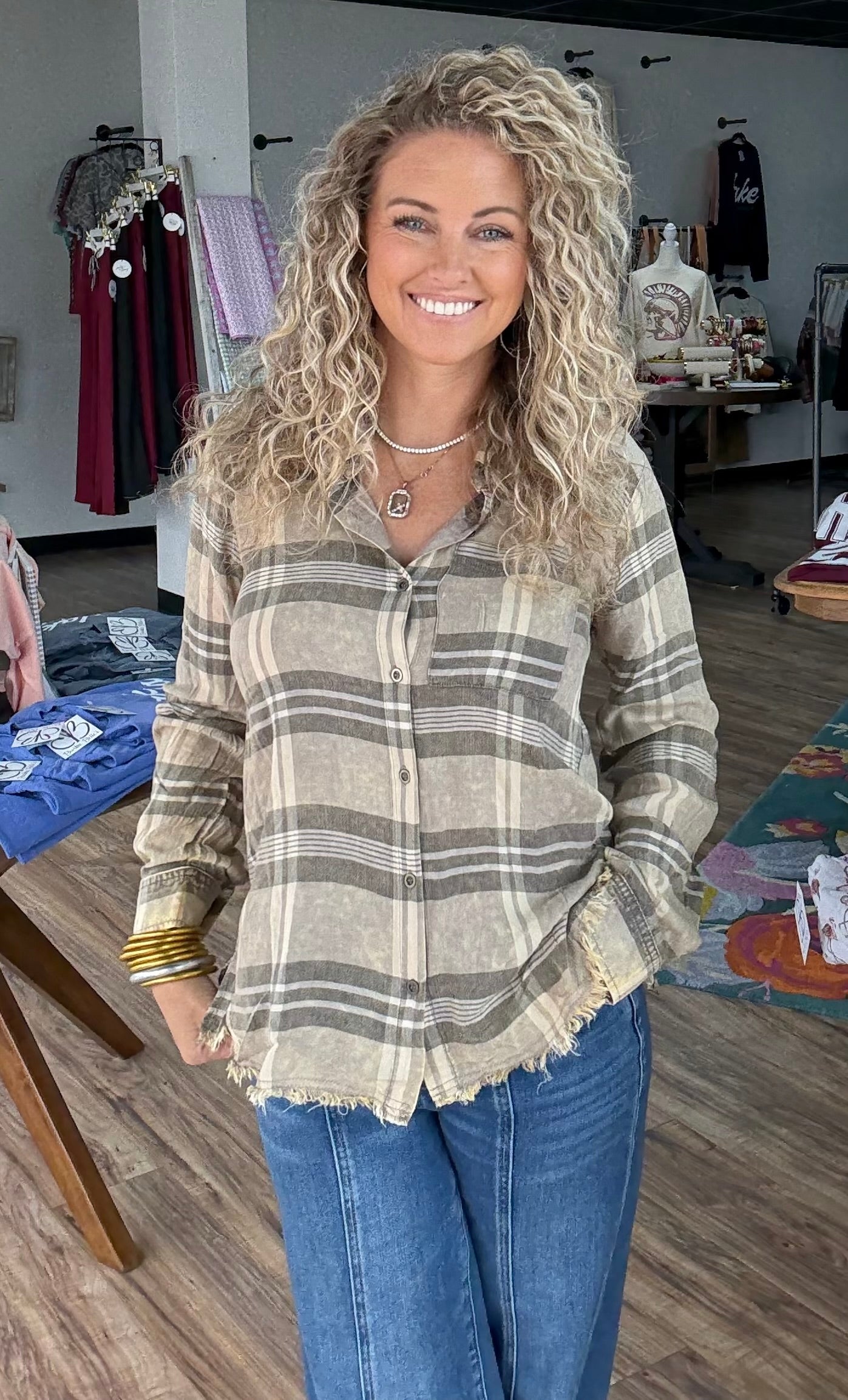 Everyday Plaid Button-Up Fringe Bottom