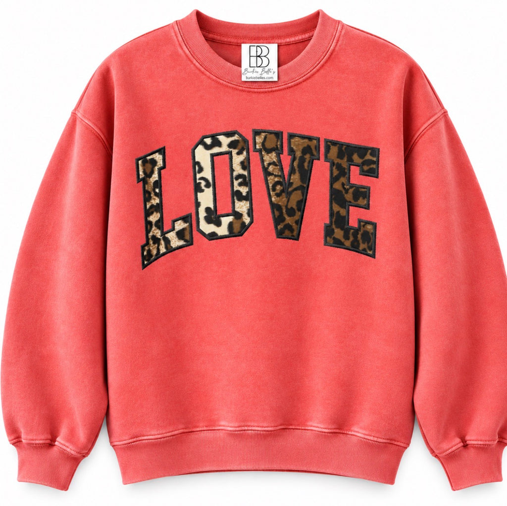 Vintage Red LOVE Leopard Minky Appliqué Sweatshirt | Oversized Embroidered Crewneck