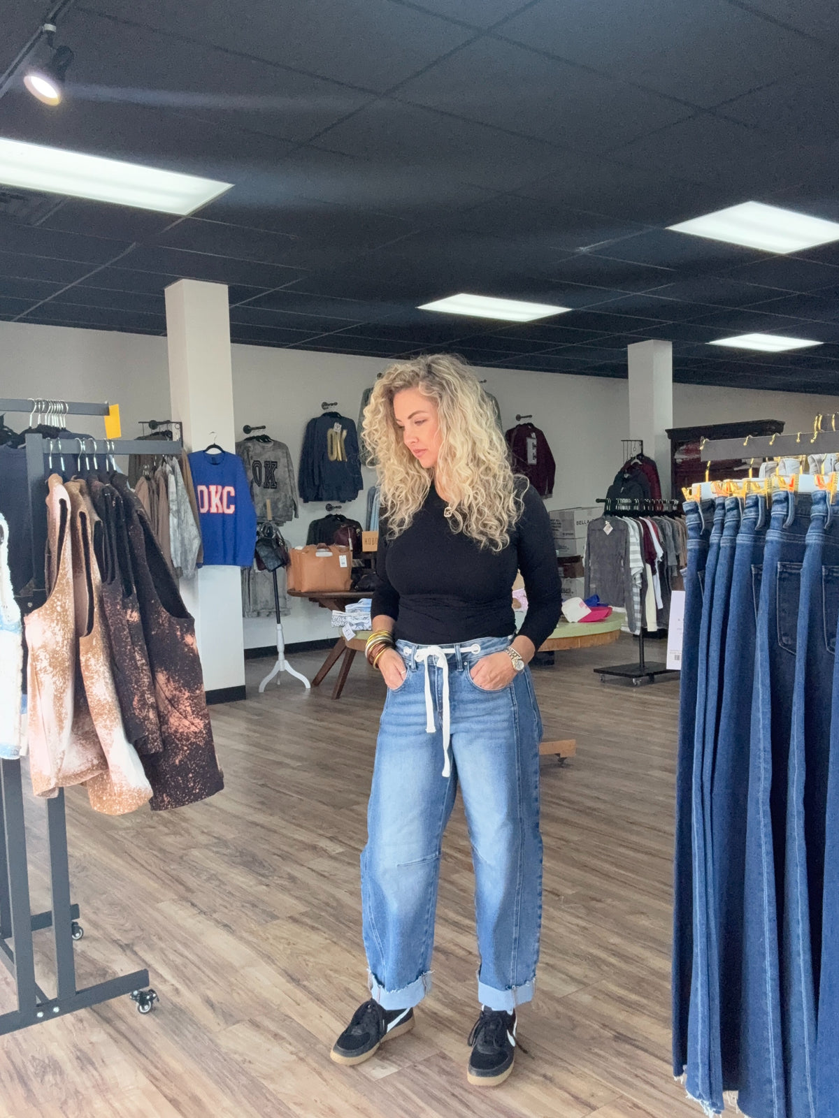 Jean Slouchy Ankle Barrel Drawstring Waistband Eyelet Details